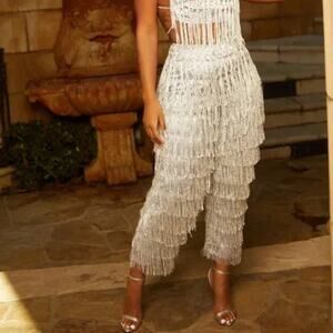 Ellae Lisque Silver Fringe Pants Blueish-Gray High Waist Cropped Party Size L